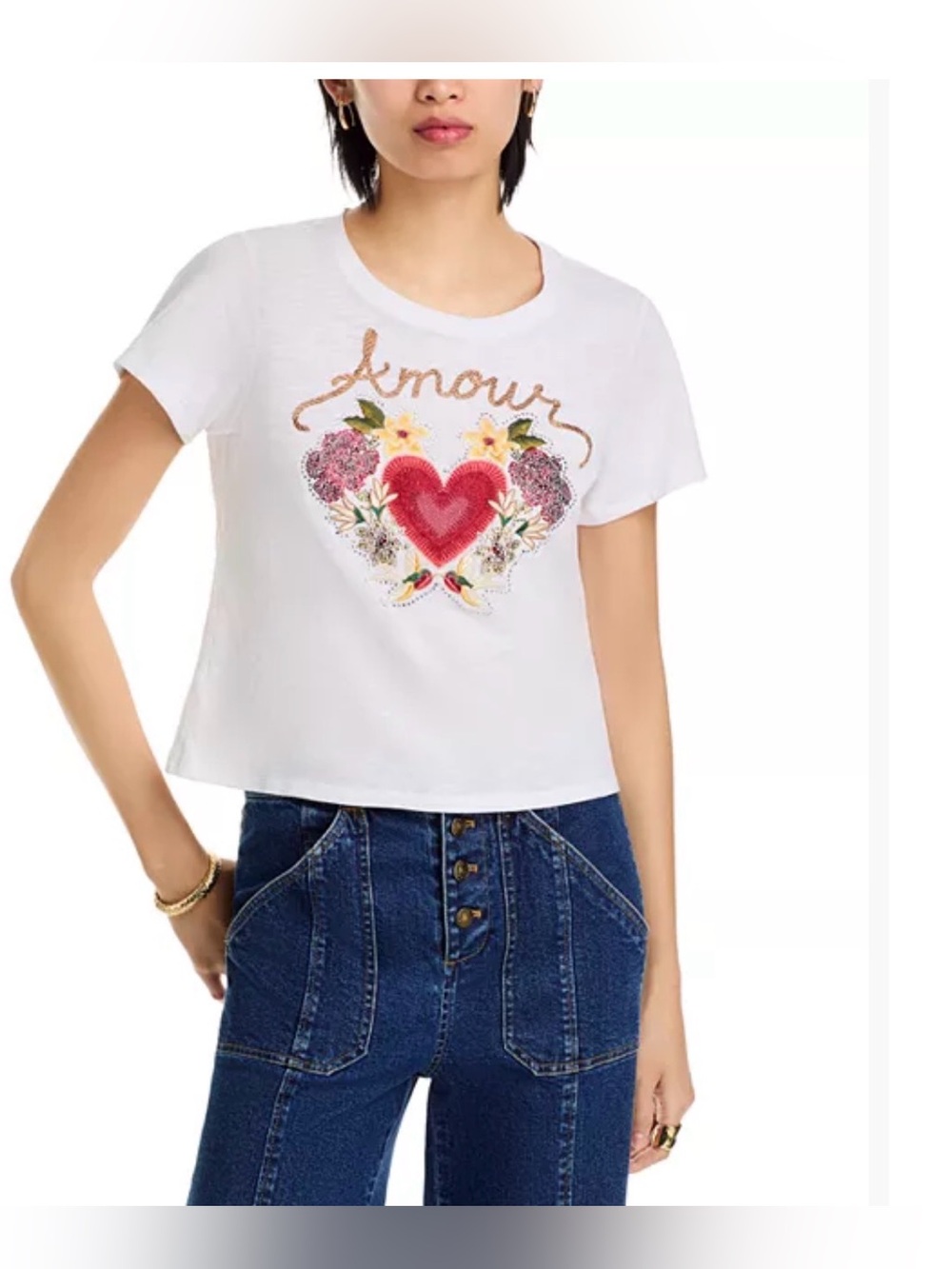 Cinq a Sept Western Amour Embroidered Tshirt  Studded Glitter Cropped